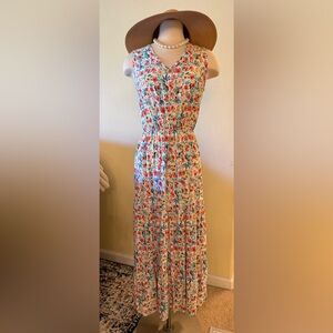 DeFacto Floral Sleeveless V-Neck Maxi Dress in Coral & Teal